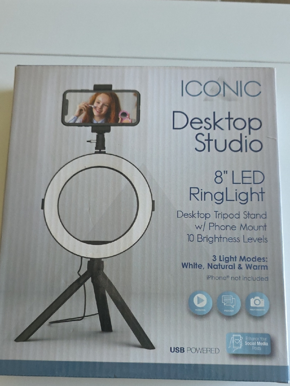 (J67) ICONIC Desktop Studio 8" LED Ring Light with Tripod Phone Mount - White
